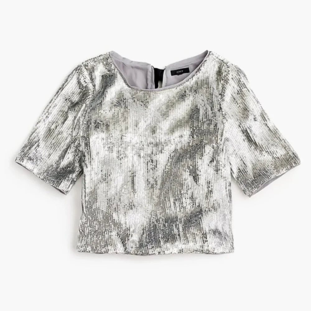 NWOT J.Crew Sequin Party Top Ribbon Bow Back Silver Size 000